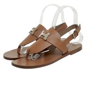 Hermes Gallery H Motif Leather Thong Sandals Women's Brown 37